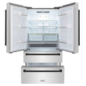 ZLINE 36 in. Freestanding French Door Refrigerator front with doors and bottom freezer drawers open and internal LED lights on.