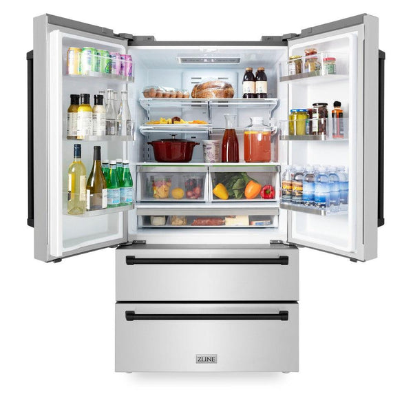 ZLINE 36 in. Freestanding French Door Refrigerator with doors open showing food inside illuminated by built-in LED lighting.