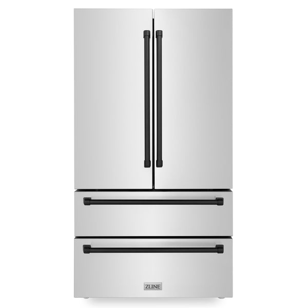 ZLINE Autograph Edition 36 in. Kitchen Package with Stainless Steel Dual Fuel Range, Range Hood, Dishwasher and Refrigerator with Matte Black Accents (4KAPR-RARHDWM36-MB) 