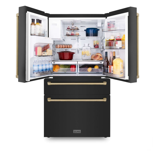 ZLINE 36 in. Black Stainless Steel French Door Refrigerator with doors open showing food inside illuminated by built-in LED lighting.