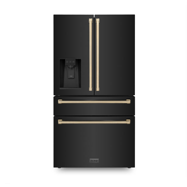 ZLINE 36 in. Autograph Edition 22.5 cu. ft Freestanding French Door Refrigerator with Ice Maker in Fingerprint Resistant Black Stainless Steel with Accents (RFMZ-36-BS) included in package.