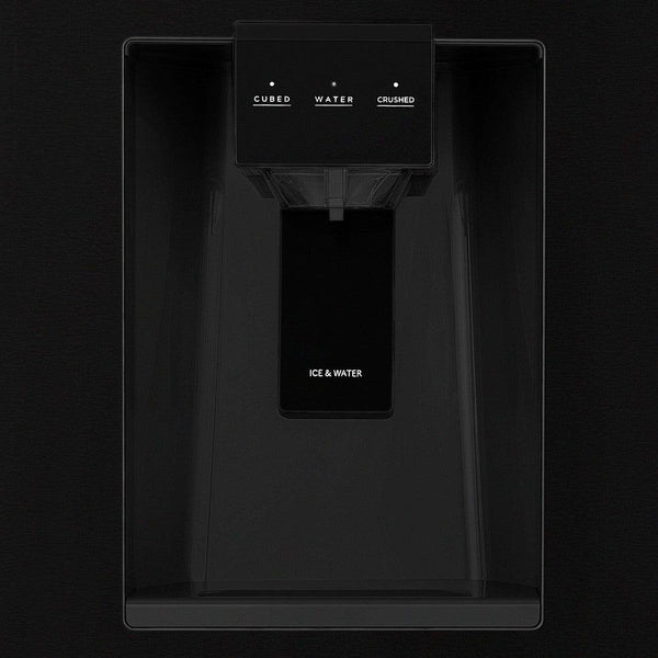 ZLINE Autograph Edition 36 in. 21.6 cu. ft Freestanding French Door Refrigerator with Water and Ice Dispenser in Fingerprint Resistant Black Stainless Steel with Polished Gold Accents (RFMZ-W-36-BS-G) external water and ice dispenser.