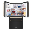 ZLINE Autograph Edition 36 in. 21.6 cu. ft Freestanding French Door Refrigerator with Water and Ice Dispenser in Fingerprint Resistant Black Stainless Steel with Polished Gold Accents (RFMZ-W-36-BS-G) front, doors open with food inside.