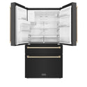 ZLINE Autograph Edition 36 in. 21.6 cu. ft Freestanding French Door Refrigerator with Water and Ice Dispenser in Fingerprint Resistant Black Stainless Steel with Polished Gold Accents (RFMZ-W-36-BS-G) front, doors open.