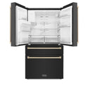 ZLINE Autograph Edition 36 in. 21.6 cu. ft Freestanding French Door Refrigerator with Water and Ice Dispenser in Fingerprint Resistant Black Stainless Steel with Polished Gold Accents (RFMZ-W-36-BS-G) front, refrigeration compartment open.