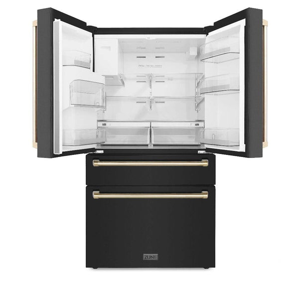 ZLINE Autograph Edition 36 in. 21.6 cu. ft Freestanding French Door Refrigerator with Water and Ice Dispenser in Fingerprint Resistant Black Stainless Steel with Polished Gold Accents (RFMZ-W-36-BS-G) front, refrigeration compartment open.