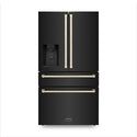 ZLINE Autograph Edition 36 in. 21.6 cu. ft Freestanding French Door Refrigerator with Water and Ice Dispenser in Fingerprint Resistant Black Stainless Steel with Polished Gold Accents (RFMZ-W-36-BS-G) front, closed.