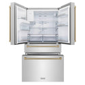 ZLINE 36 in. Freestanding French Door Refrigerator front with doors and bottom freezer drawers open and internal LED lights on.