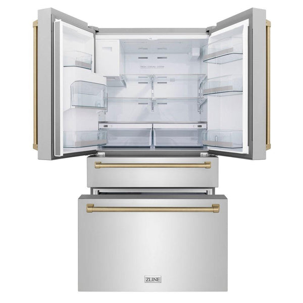 ZLINE 36 in. Freestanding French Door Refrigerator front with doors and bottom freezer drawers open and internal LED lights on.