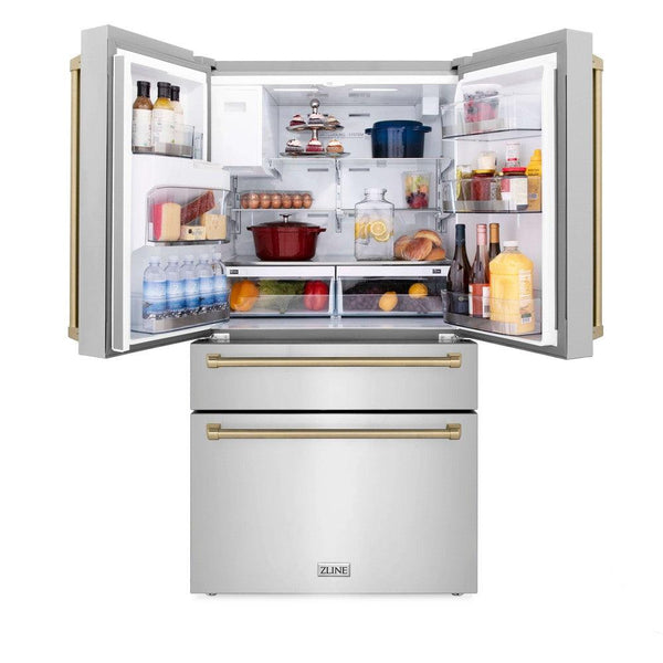 ZLINE 36 in. Freestanding French Door Refrigerator with doors open showing food inside illuminated by built-in LED lighting.