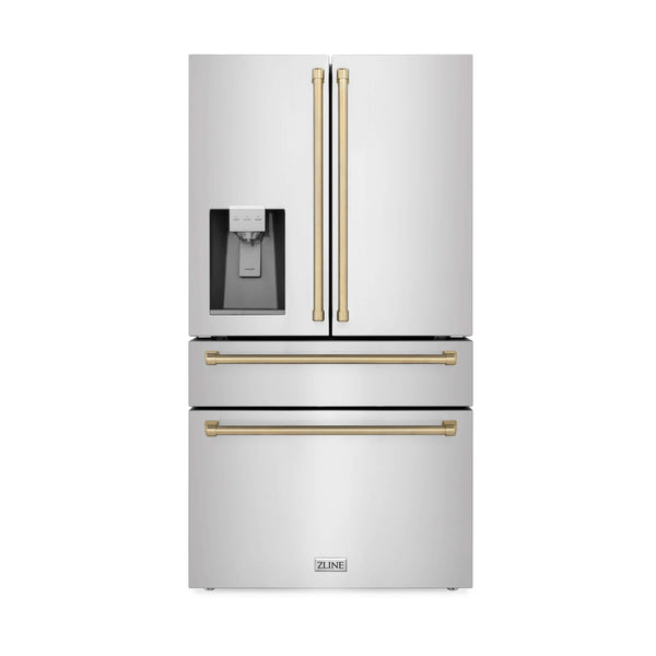 ZLINE Autograph Edition 36" French door Refrigerator with external water and ice dispenser and Champagne Bronze accents front.