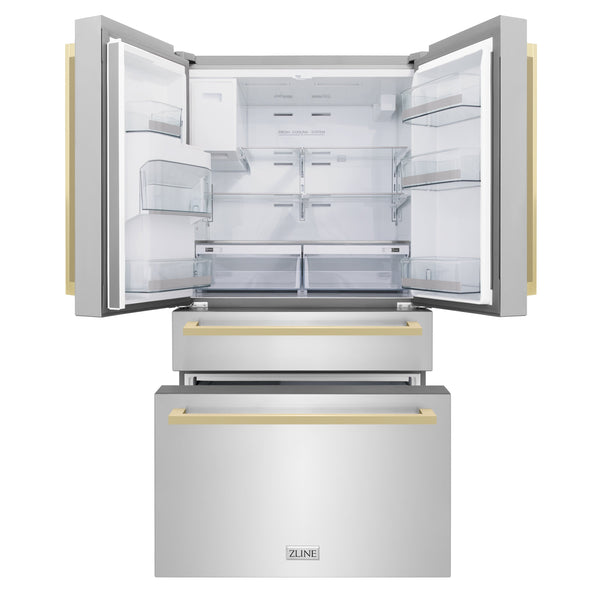 ZLINE Autograph Edition 36 in. 21.6 cu. ft. Counter-Depth French Door Refrigerator with Water and Ice Dispenser in Fingerprint-Resistant Stainless Steel with Champagne Bronze Modern Handles (RFMZ-W-36-FCB)