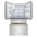 ZLINE 36 in. Freestanding French Door Refrigerator front with doors and bottom freezer drawers open and internal LED lights on.