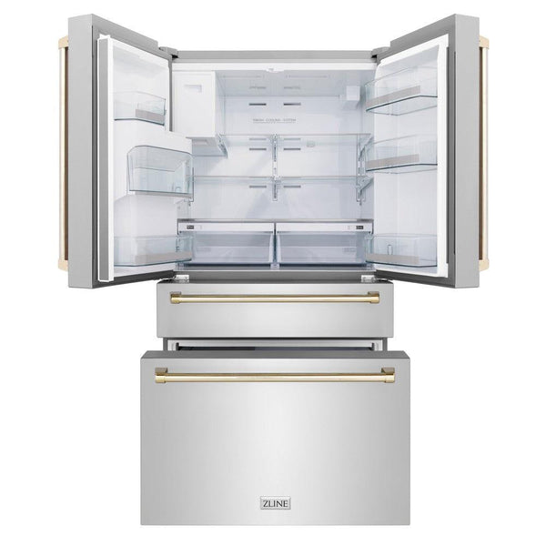 ZLINE 36 in. Freestanding French Door Refrigerator front with doors and bottom freezer drawers open and internal LED lights on.