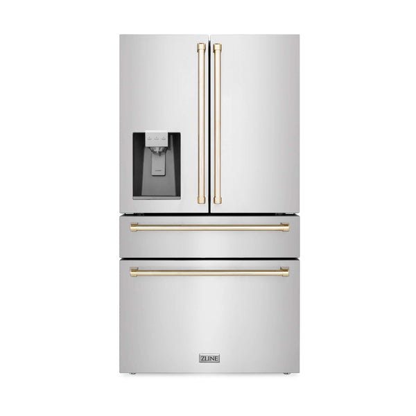 ZLINE Autograph Edition 30 in. Kitchen Package with Stainless Steel Dual Fuel Range, Range Hood, Dishwasher, and Refrigerator with External Water Dispenser with Polished Gold Accents (4AKPR-RARHDWM30-G) 