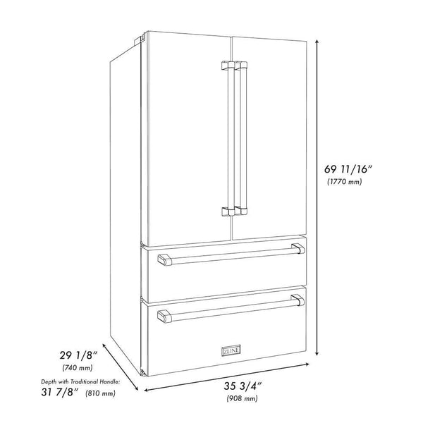 ZLINE Autograph Edition 36 in. 22.5 cu. ft Freestanding French Door Refrigerator with Ice Maker in Fingerprint Resistant Stainless Steel with Polished Gold Accents (RFMZ-36-G) dimensional diagram with measurements.