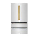 ZLINE Autograph Edition 36 in. 22.5 cu. ft Freestanding French Door Refrigerator with Ice Maker in Fingerprint Resistant Stainless Steel with Polished Gold Accents (RFMZ-36-G) front, closed.
