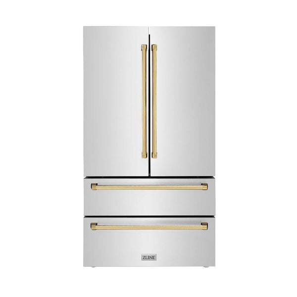 ZLINE Autograph Edition 36 in. 22.5 cu. ft Freestanding French Door Refrigerator with Ice Maker in Fingerprint Resistant Stainless Steel with Polished Gold Accents (RFMZ-36-G) front, closed.