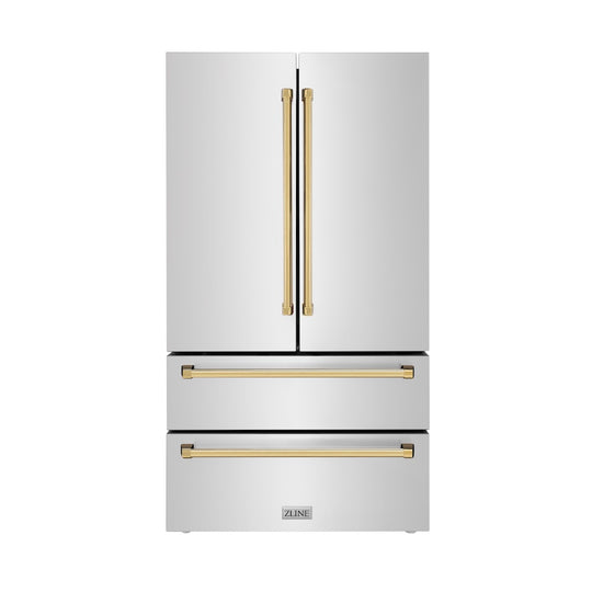ZLINE Autograph Edition 36 in. 22.5 cu. ft. Counter-Depth French Door Refrigerator with Ice Maker in Fingerprint-Resistant Stainless Steel with Polished Gold Traditional Handles (RFMZ-36-G)