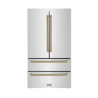ZLINE Autograph Edition 36 in. 22.5 cu. ft. Counter-Depth French Door Refrigerator with Ice Maker in Fingerprint-Resistant Stainless Steel and Champagne Bronze Helix Handles (RFMZ-36-KCB)