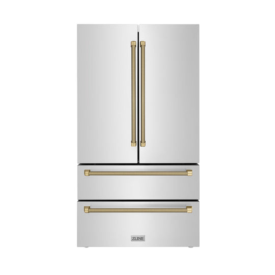ZLINE Autograph Edition 36 in. 22.5 cu. ft. Counter-Depth French Door Refrigerator with Ice Maker in Fingerprint-Resistant Stainless Steel and Champagne Bronze Helix Handles (RFMZ-36-KCB)