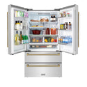 ZLINE Autograph Edition 36 in. 22.5 cu. ft. Counter-Depth French Door Refrigerator with Ice Maker in Fingerprint-Resistant Stainless Steel and Polished Gold Helix Handles (RFMZ-36-KG)