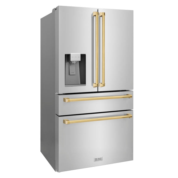 ZLINE Autograph Edition 36 in. 21.6 cu. ft. Counter-Depth French Door Refrigerator with Water and Ice Dispenser in Fingerprint-Resistant Stainless Steel with Polished Gold Traditional Handles (RFMZ-W-36-G)