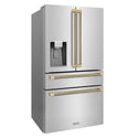 ZLINE Autograph Edition 36 in. 21.6 cu. ft. Counter-Depth French Door Refrigerator with Water and Ice Dispenser in Fingerprint-Resistant Stainless Steel with Champagne Bronze Helix Handles (RFMZ-W-36-KCB)
