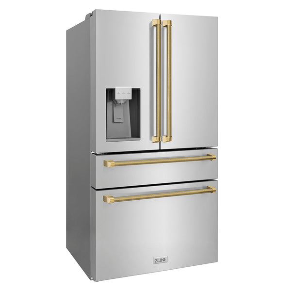 ZLINE Autograph Edition 36 in. 21.6 cu. ft. Counter-Depth French Door Refrigerator with Water and Ice Dispenser in Fingerprint-Resistant Stainless Steel with Polished Gold Helix Handles (RFMZ-W-36-KG)