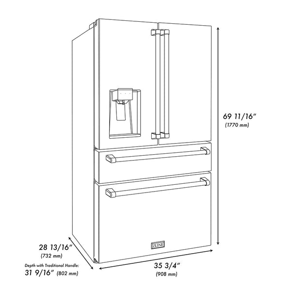 ZLINE Autograph Edition 36 in. 21.6 cu. ft. Counter-Depth French Door Refrigerator with Water and Ice Dispenser in Fingerprint-Resistant Stainless Steel with Polished Nickel Helix Handles (RFMZ-W-36-KPN)