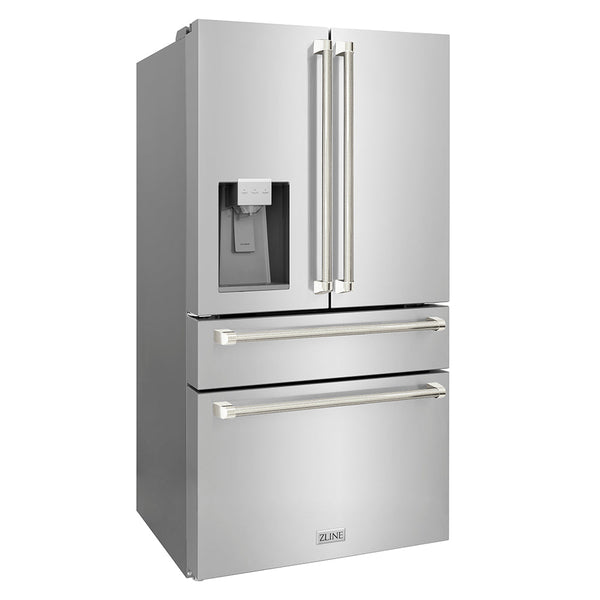 ZLINE Autograph Edition 36 in. 21.6 cu. ft. Counter-Depth French Door Refrigerator with Water and Ice Dispenser in Fingerprint-Resistant Stainless Steel with Polished Nickel Helix Handles (RFMZ-W-36-KPN)