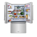 ZLINE 36 in. 28.9 cu. ft. Standard-Depth French Door External Water Dispenser Refrigerator with Dual Ice Maker in Fingerprint Resistant Stainless Steel (RSM-W-36) front, doors open with food inside.