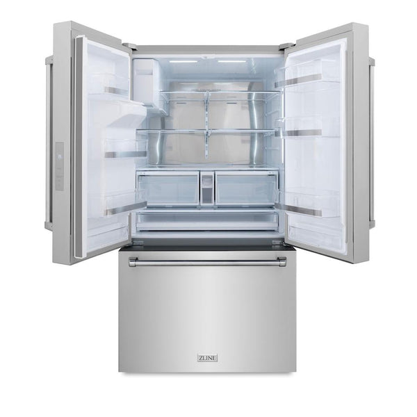 ZLINE 36 in. 28.9 cu. ft. Standard-Depth French Door External Water Dispenser Refrigerator with Dual Ice Maker in Fingerprint Resistant Stainless Steel (RSM-W-36) front, doors open.