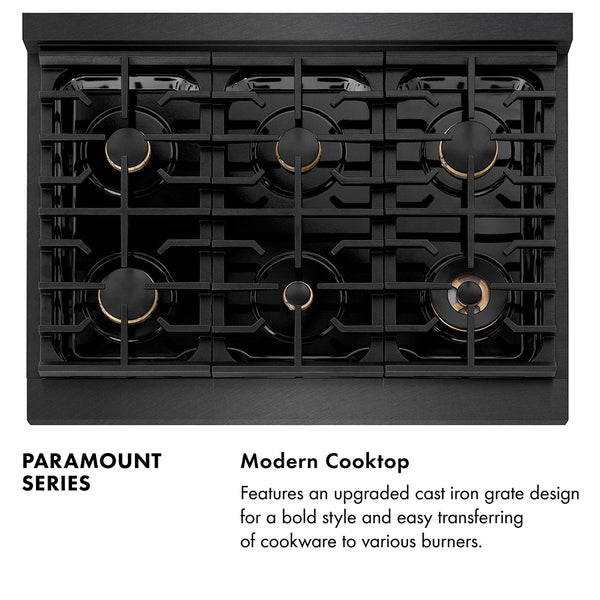 ZLINE Autograph Edition 36 in. 5.2 cu. ft. Paramount Dual Fuel Range with 6 Burner Gas Cooktop and Electric Convection Oven in Black Satin Stainless Steel with Polished Gold Accents (SDRBSZ-36-G)