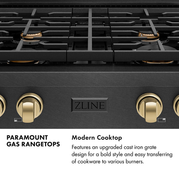 ZLINE Autograph Edition 30 in. Paramount Gas Rangetop with 4 Burners and Porcelain Cooktop in Black Satin Stainless Steel with Champagne Bronze Accents (SRTBSZ-30-CB)