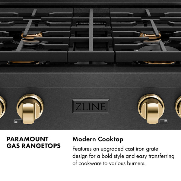 ZLINE Autograph Edition 30 in. Paramount Gas Rangetop with 4 Burners and Porcelain Cooktop in Black Satin Stainless Steel with Polished Gold Accents (SRTBSZ-30-G)