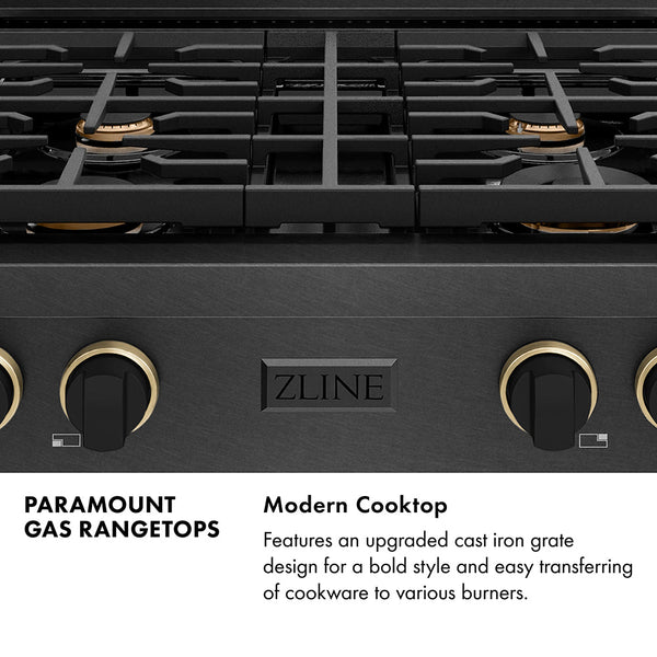 ZLINE Designer Collection 30 in. Paramount Gas Rangetop with 4 Burners in Black Satin Stainless Steel with Matte Black and Champagne Bronze Accents (SRTBSZ-30-MBCB)