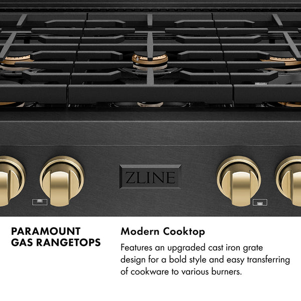 ZLINE Autograph Edition 36 in. Paramount Gas Rangetop with 6 Burners and Porcelain Cooktop in Black Satin Stainless Steel with Champagne Bronze Accents (SRTBSZ-36-CB)