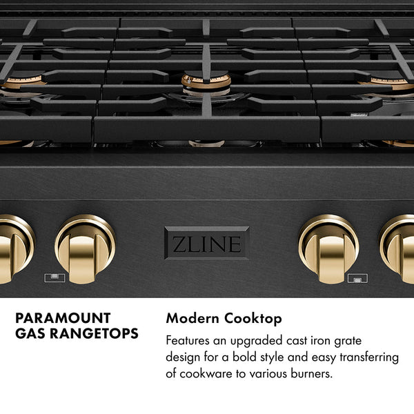 ZLINE Autograph Edition 36 in. Paramount Gas Rangetop with 6 Burners and Porcelain Cooktop in Black Satin Stainless Steel with Polished Gold Accents (SRTBSZ-36-G)