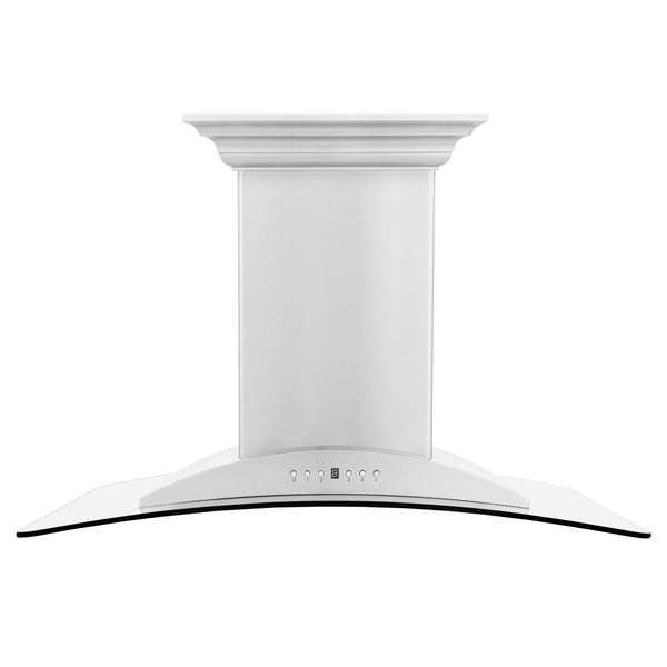 ZLINE Island Mount Range Hood in Stainless Steel with Built-in ZLINE CrownSound Bluetooth Speakers (GL9iCRN-BT) front.