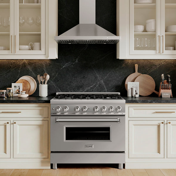 ZLINE 36 in. 4.6 cu. ft. Legacy Dual Fuel Range with 6 Burner Gas Cooktop and Electric Convection Oven in Stainless Steel (RA36)