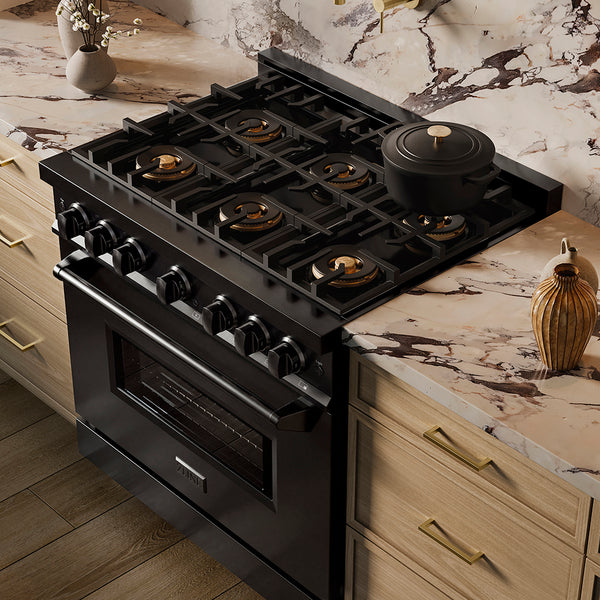 ZLINE 36 in. 5.2 cu. ft. Classic Dual Fuel Range with 6 Burner DuoPro™ Cooktop and Electric Convection Oven in Black Stainless Steel (PCDRB-36)