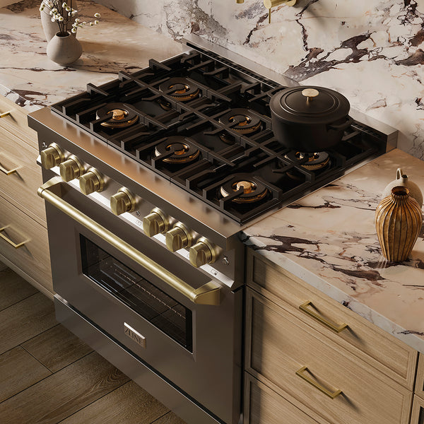 ZLINE Autograph Edition 36 in. 5.2 cu. ft. Classic Gas Range with 6 Burner DuoPro™ Cooktop and Convection Gas Oven in Stainless Steel and Champagne Bronze Accents (PCGRZ-36-CB)