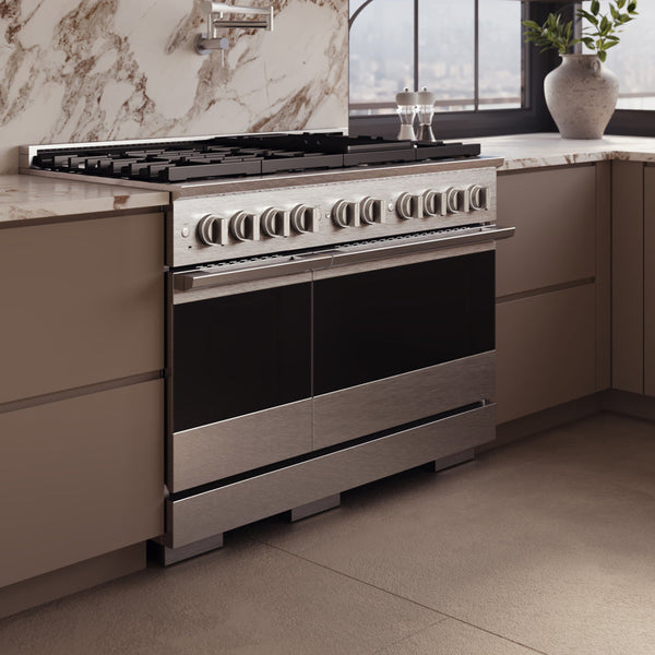 ZLINE 48 in. 6.7 cu. ft. Marino Double Oven Gas Range in Satin Stainless Steel with 8 Brass Burners (MGRS-BR-48)