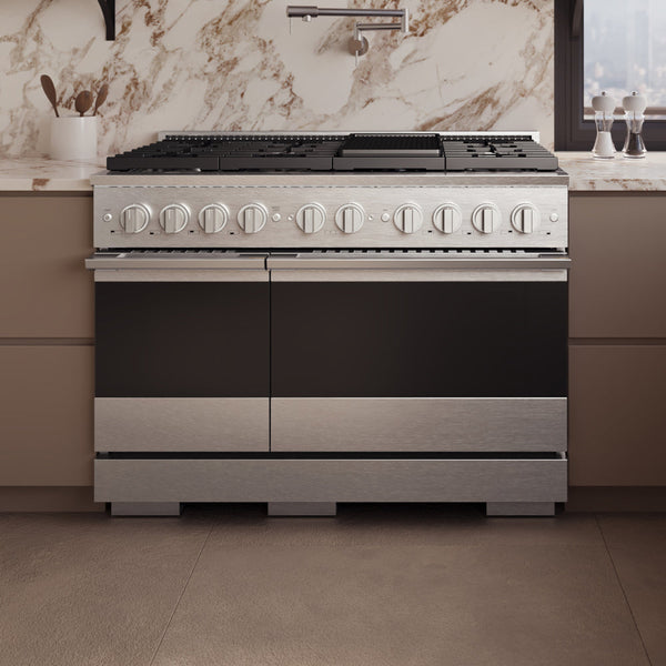 ZLINE 48 in. 6.7 cu. ft. Marino Double Oven Gas Range in Satin Stainless Steel with 8 Brass Burners (MGRS-BR-48)