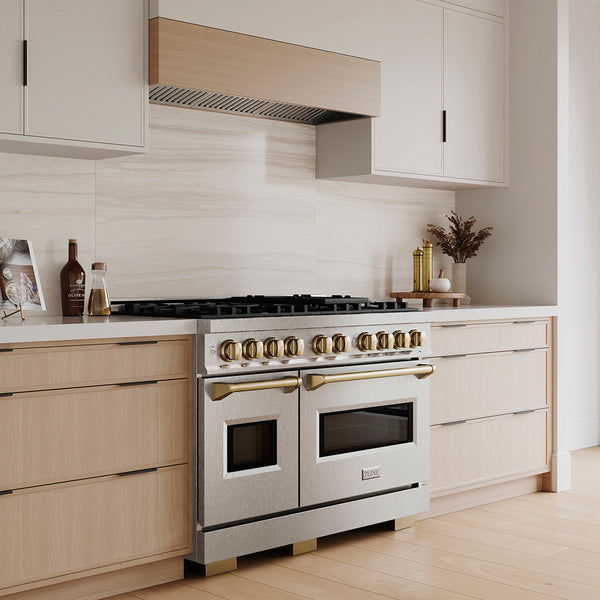 ZLINE Autograph Edition 48 in. 6.7 cu. ft. Classic Dual Fuel Range with 8 Burner DuoPro™ Cooktop and Dual Ovens in Satin Stainless Steel and Champagne Bronze Accents (PCDRSZ-48-CB)