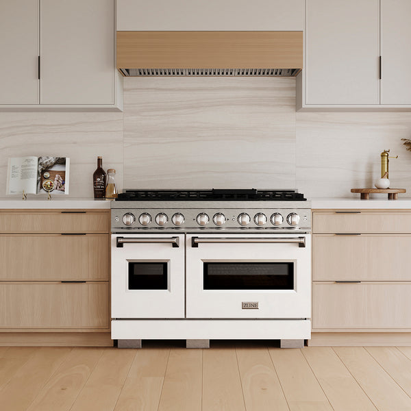 ZLINE 48 in. 6.7 cu. ft. Classic Gas Range with 8 Burner DuoPro™ Cooktop and Dual Ovens in Satin Stainless Steel with White Matte Doors (PCGRS-WM-48)