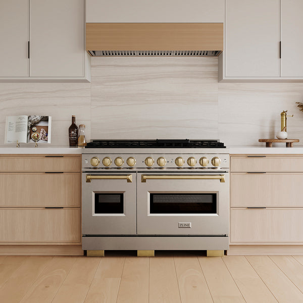 ZLINE Autograph Edition 48 in. 6.7 cu. ft. Classic Gas Range with 8 Burner DuoPro™ Cooktop and Dual Ovens in Stainless Steel and Champagne Bronze Accents (PCGRZ-48-CB)