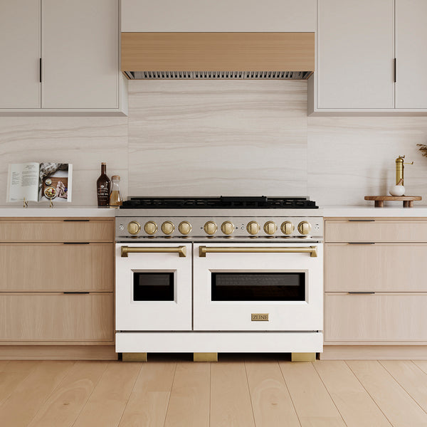 ZLINE Autograph Edition 48 in. 6.7 cu. ft. Classic Gas Range with 8 Burner DuoPro™ Cooktop and Dual Ovens with White Matte Doors and Champagne Bronze Accents (PCGRZ-WM-48-CB)