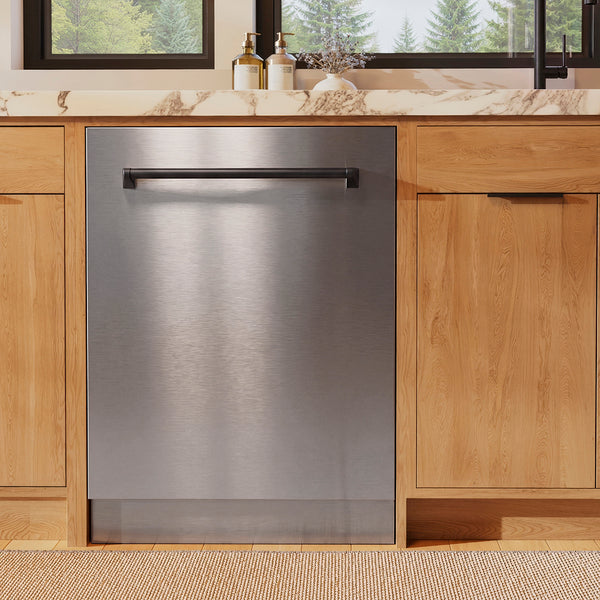 ZLINE Autograph Edition 24 in. Monument Series 3rd Rack Dishwasher with Auto Door Open Drying, 44dBa, Stainless Steel Panel with Matte Black Handle (DWMTZ-304-24-MB)